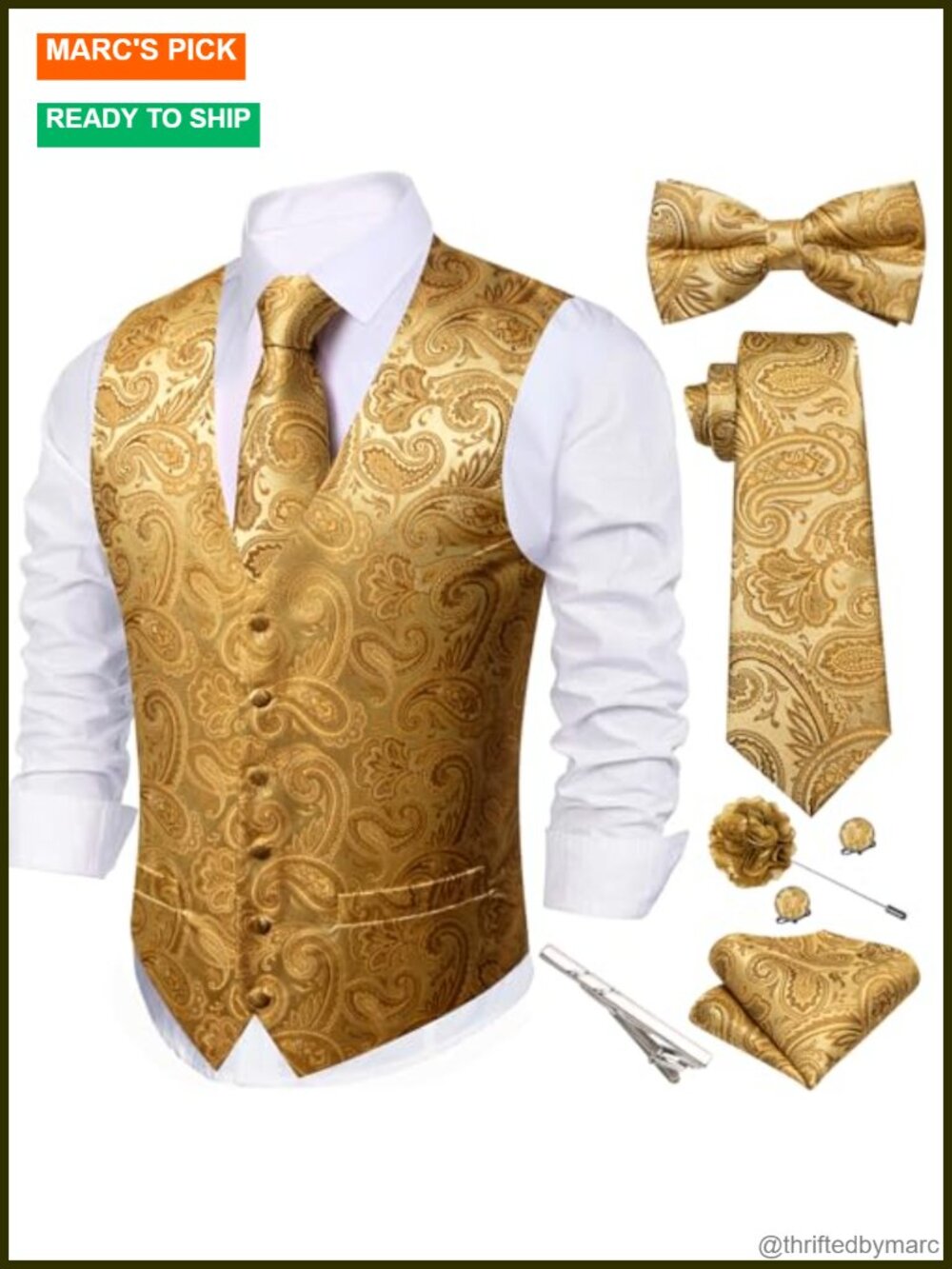 Men's Formal Vest Tie Bowtie Set 7PCS Silk Paisley Waistcoat Hanky Cufflinks